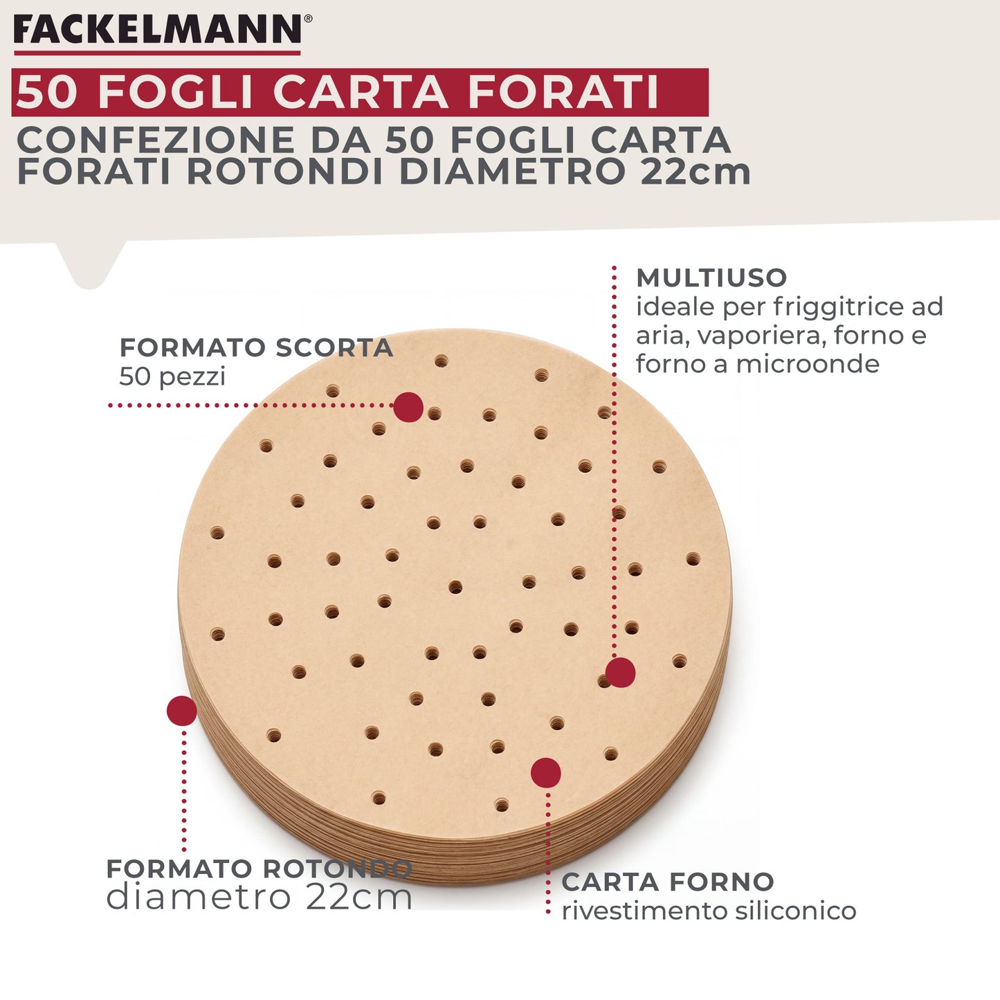 Stampi rotondi per friggitrice in carta forata, 50 pezzi, 22 cm