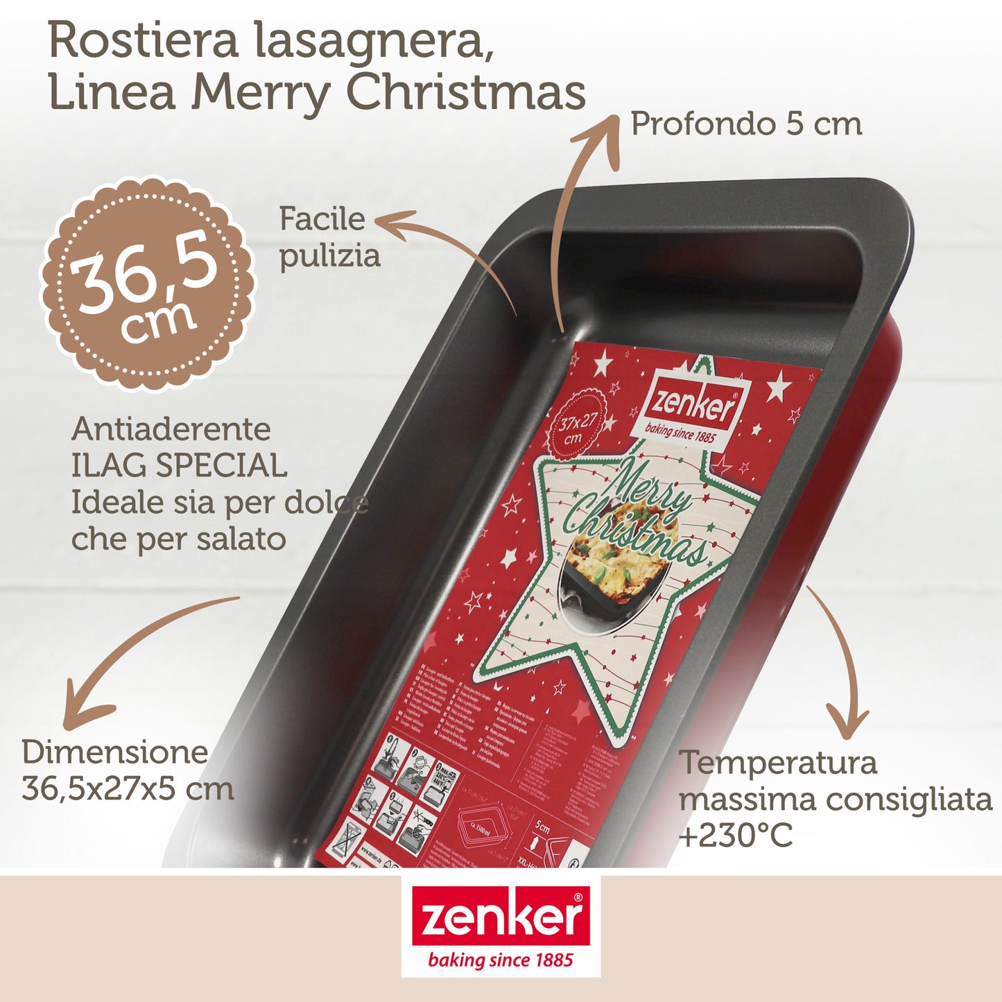 Lasagnera, Linea Merry Christmas, dimensioni 36,5 x 27 x 5 cm