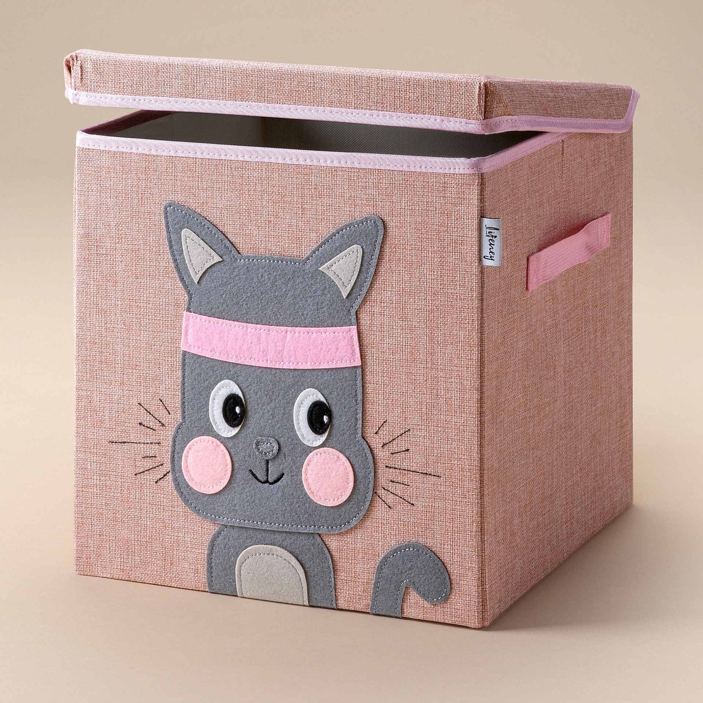 Scatola portaoggetti rosa, con coperchio, design gatto, 33x33x33 cm