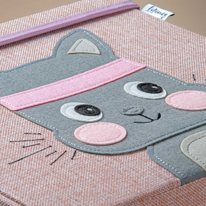 Scatola portaoggetti rosa, con coperchio, design gatto, 33x33x33 cm