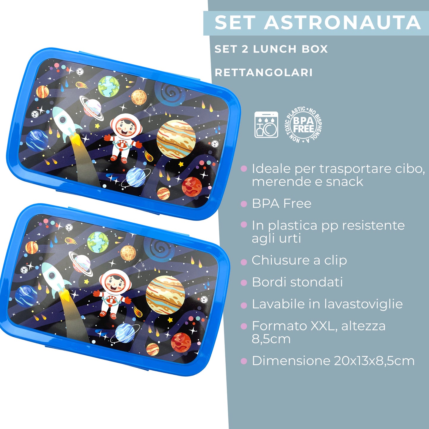 Set da 2 lunch box, design astronauta, 20 x 13 x 8,5 cm