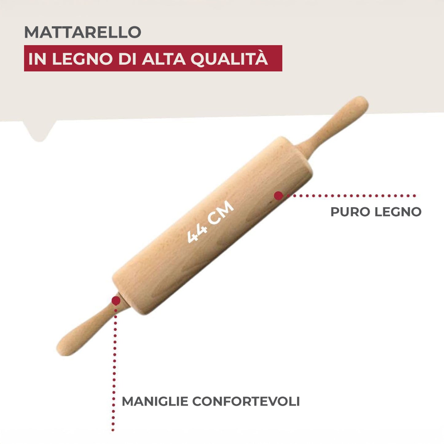 Mattarello in legno di faggio con manici per stendere pasta fresca 44,5 x 6 x 6 cm