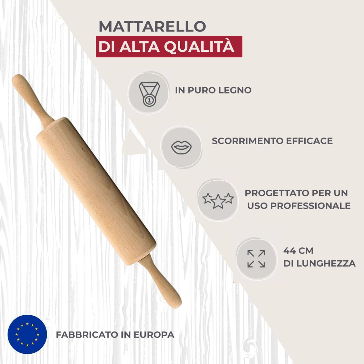 Mattarello in legno di faggio con manici per stendere pasta fresca 44,5 x 6 x 6 cm