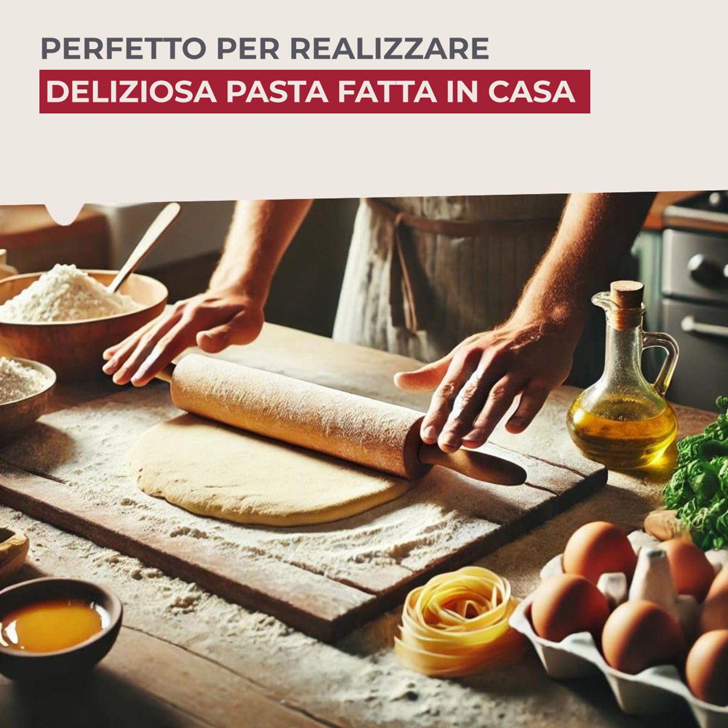 Mattarello in legno di faggio con manici per stendere pasta fresca 44,5 x 6 x 6 cm