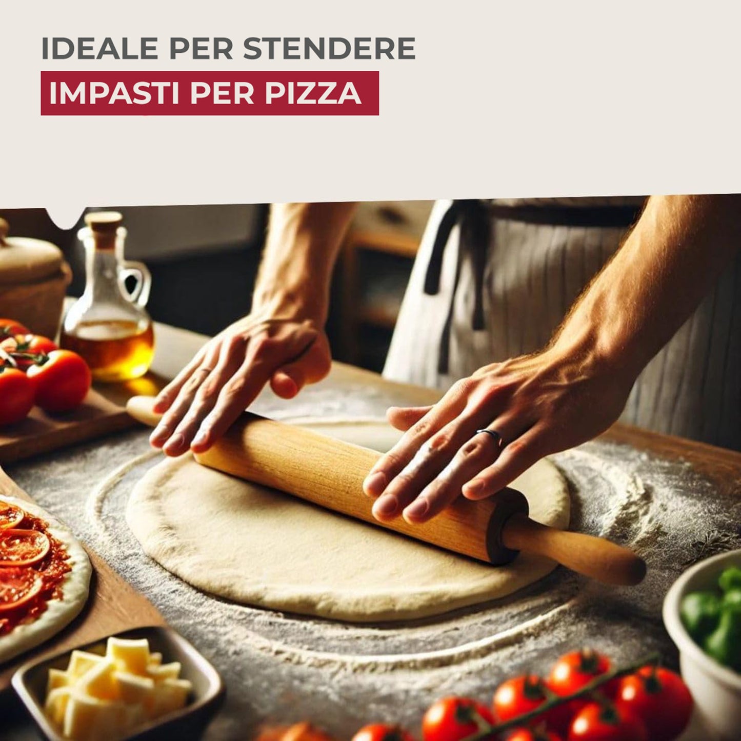 Mattarello in legno di faggio con manici per stendere pasta fresca 44,5 x 6 x 6 cm