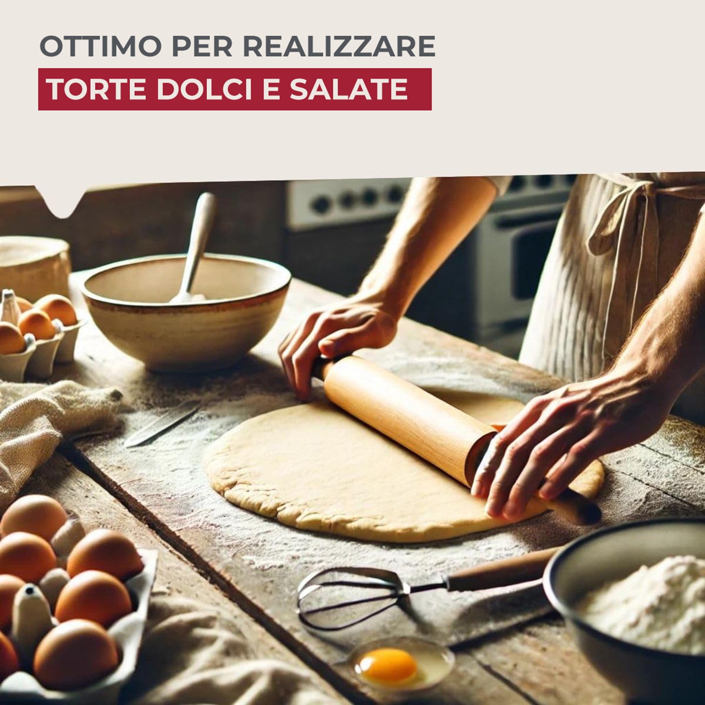 Mattarello in legno di faggio con manici per stendere pasta fresca 44,5 x 6 x 6 cm