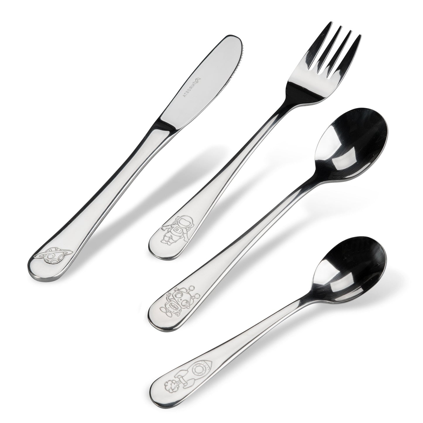 Posate per bambini, forchetta, coltello, cucchiai, in acciaio inox