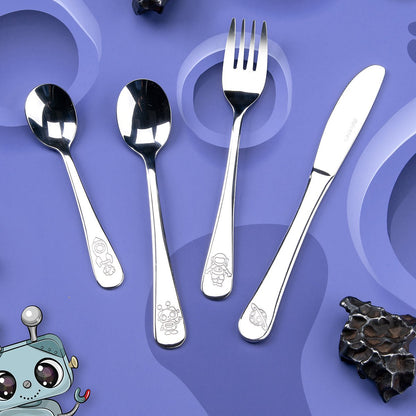 Posate per bambini, forchetta, coltello, cucchiai, in acciaio inox