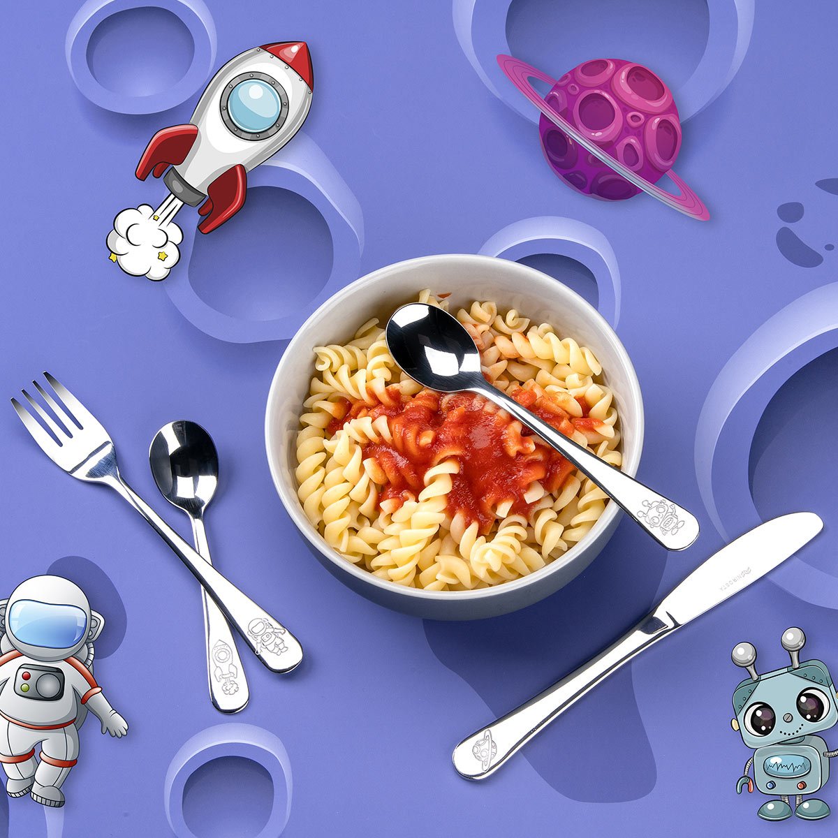 Posate per bambini, forchetta, coltello, cucchiai, in acciaio inox