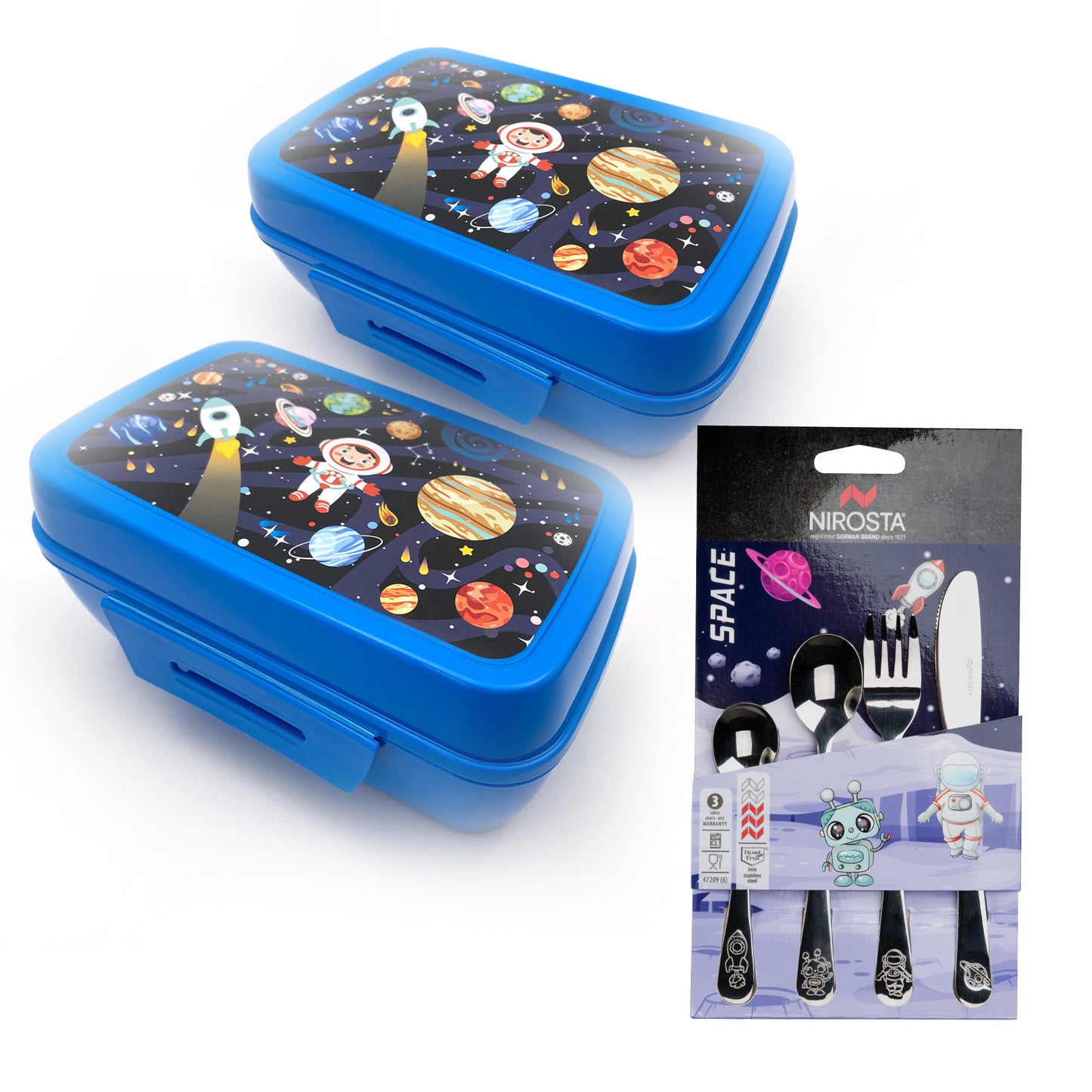 Set 2 Porta Pranzo per Bambini a tema Spazio e Set di Posate in Acciaio Inox