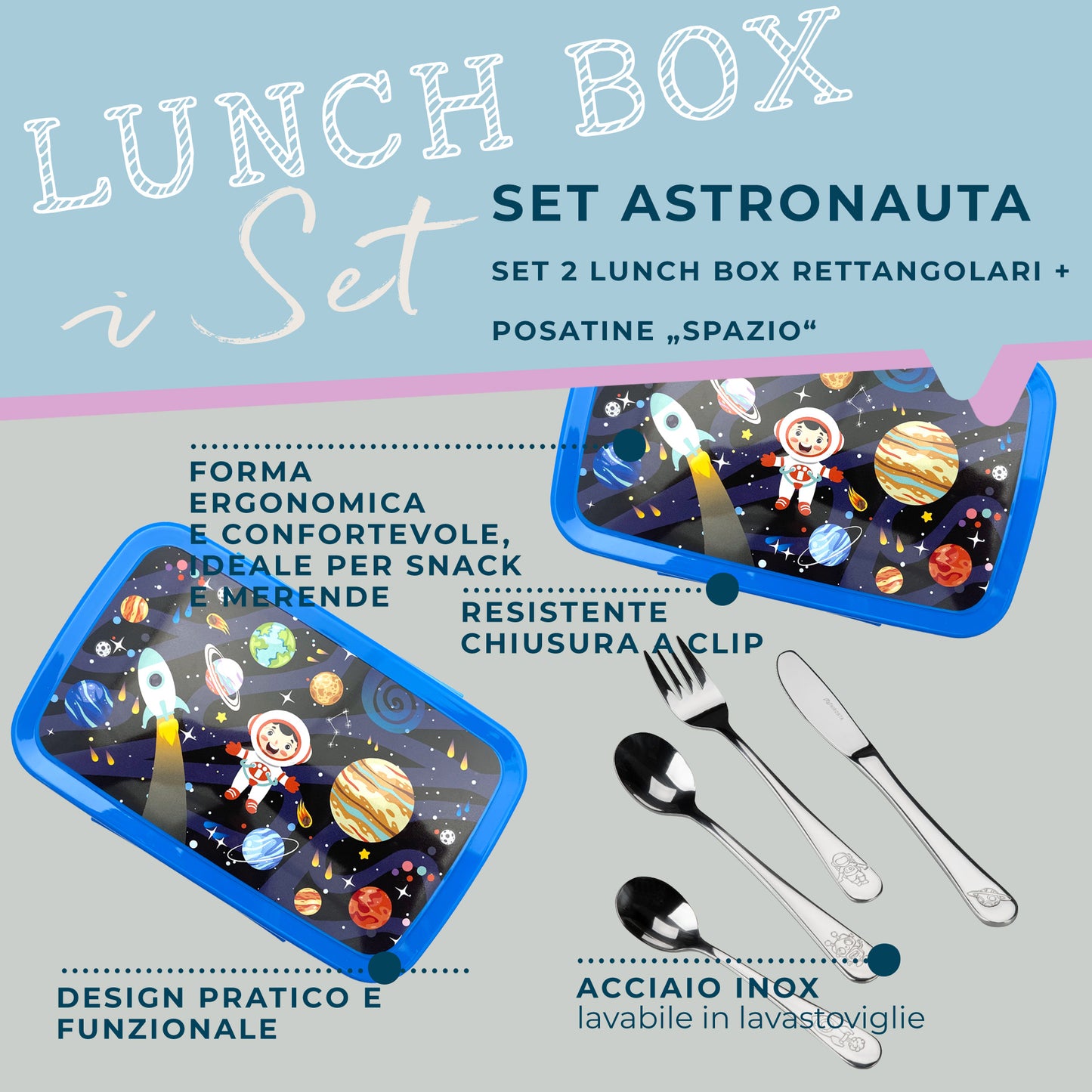 Set 2 Porta Pranzo per Bambini a tema Spazio e Set di Posate in Acciaio Inox