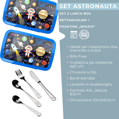 Set 2 Porta Pranzo per Bambini a tema Spazio e Set di Posate in Acciaio Inox