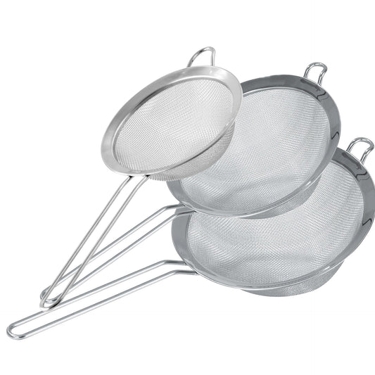 Fackelmann Set 3 Colini in acciaio inox, Colino da cucina a rete fine per farina, zucchero a velo, riso, tè, setaccio per pasta, mini scolapasta per frutta e verdura, 10, 15, 19 cm