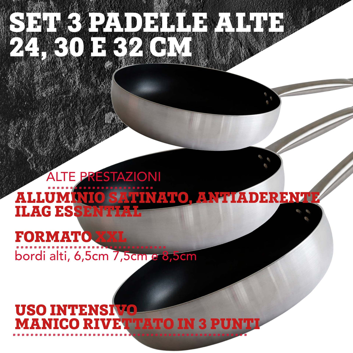 Set padelle alte in alluminio, 24, 30 e 32 cm, fondo a nido d'ape, FmProfessional