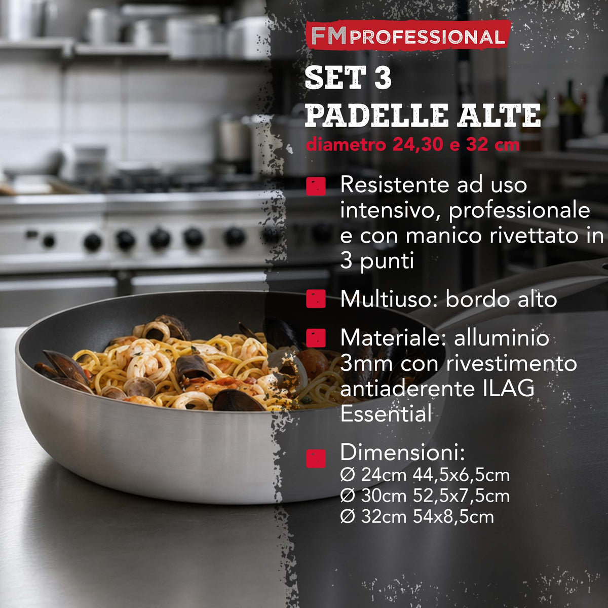 Set padelle alte in alluminio, 24, 30 e 32 cm, fondo a nido d'ape, FmProfessional