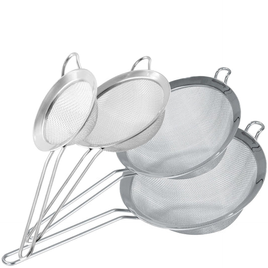 Fackelmann Set 4 Colini Maglia Fine Acciaio Inox, Colino da Cucina Rete Fina per Farina, Zucchero a Velo, Riso, Tè, Setaccio per Frutta, Verdura, Colini da 7.5, 10, 15, 19 cm Lavabili in Lavastoviglie
