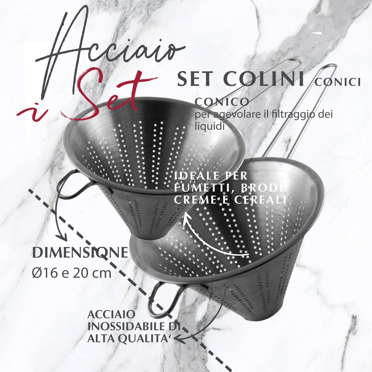 Fackelmann Set 2 Colini a Rete Fina Conici, Filtro da Cucina Professionale per Brodi, Salse, Zuppe, Spremute e Creme - Colino Cinese da 16 cm e 20 cm in Acciaio Inox - Lavabili in Lavastoviglie