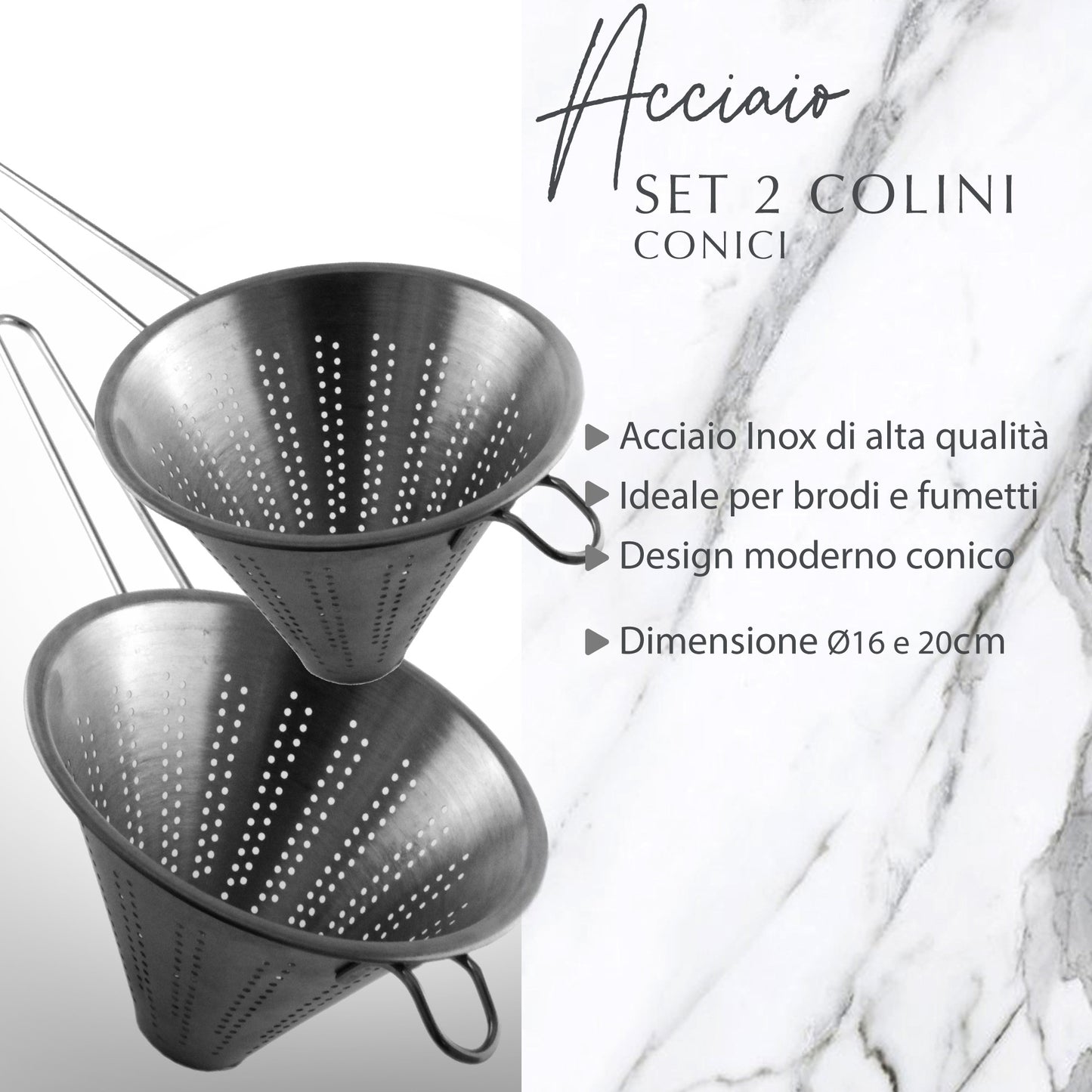 Fackelmann Set 2 Colini a Rete Fina Conici, Filtro da Cucina Professionale per Brodi, Salse, Zuppe, Spremute e Creme - Colino Cinese da 16 cm e 20 cm in Acciaio Inox - Lavabili in Lavastoviglie