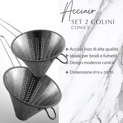 Fackelmann Set 2 Colini a Rete Fina Conici, Filtro da Cucina Professionale per Brodi, Salse, Zuppe, Spremute e Creme - Colino Cinese da 16 cm e 20 cm in Acciaio Inox - Lavabili in Lavastoviglie