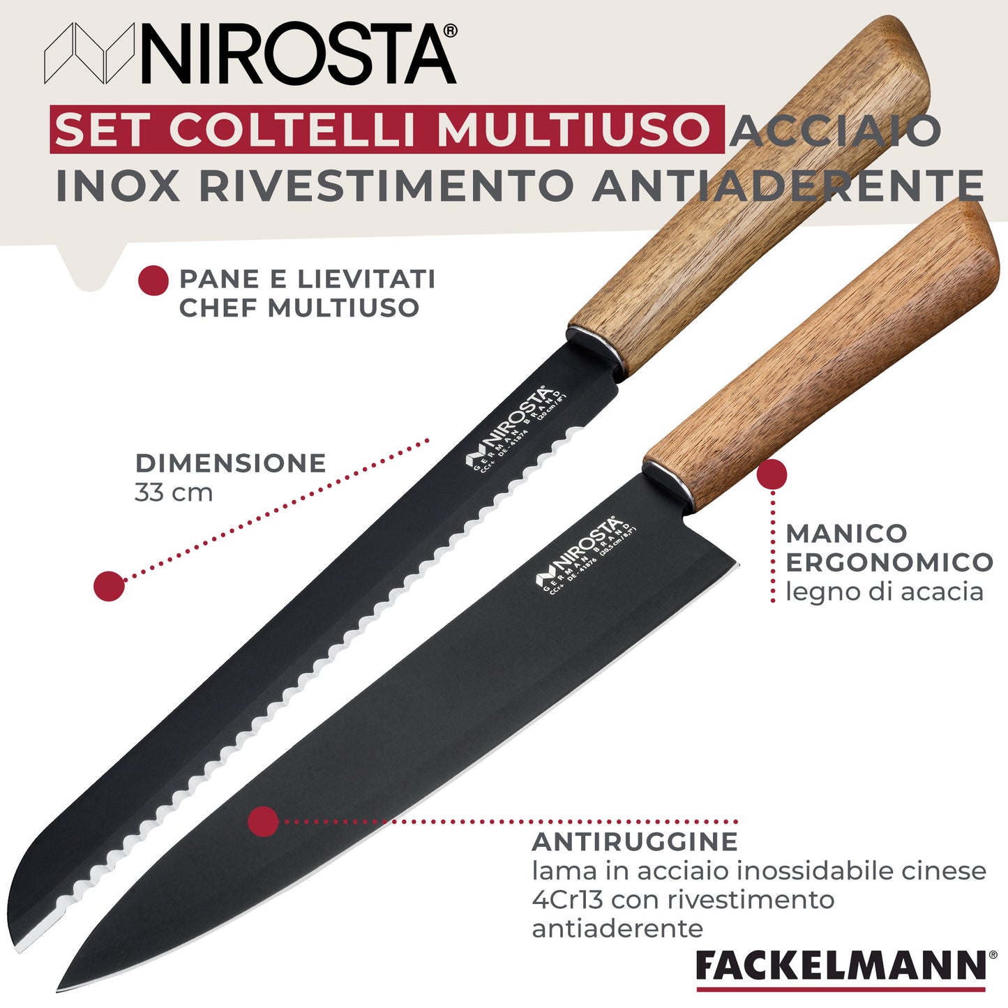 Set Coltello Pane e Coltello Chef Multiuso, Linea Flow