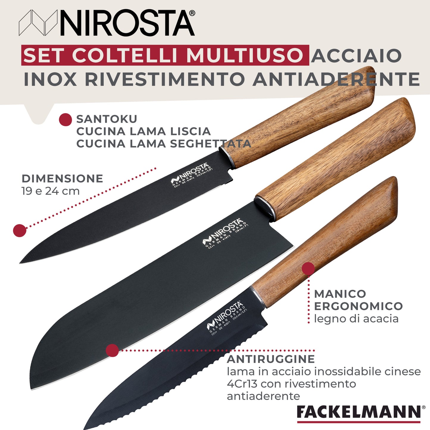 Set Coltello Santoku, Coltello a Lama liscia e Coltello a Lama Seghettata, Linea Flow