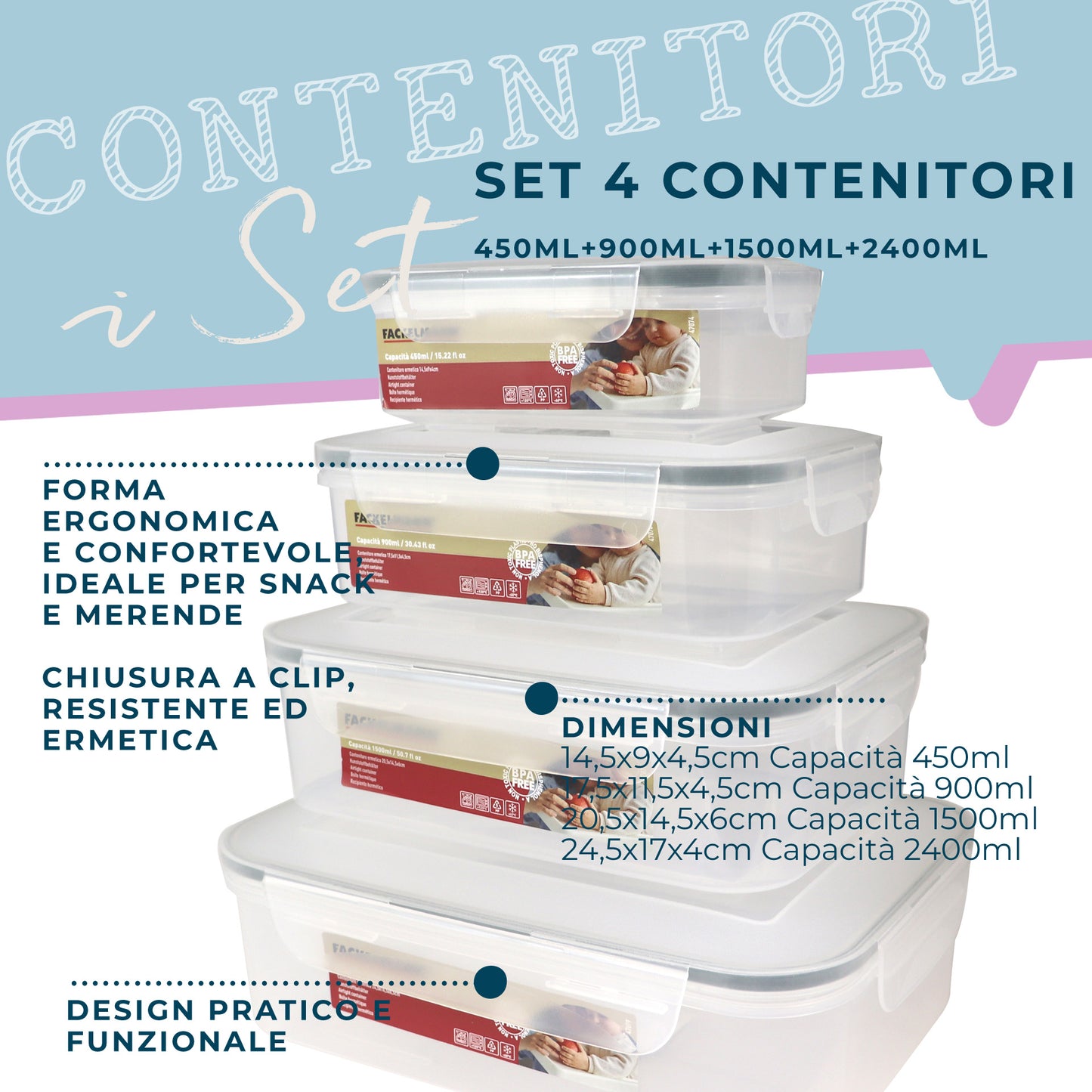 Set di 4 Contenitori ermetici rettangolari, dimensioni varie