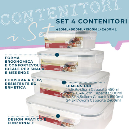 Set di 4 Contenitori ermetici rettangolari, dimensioni varie
