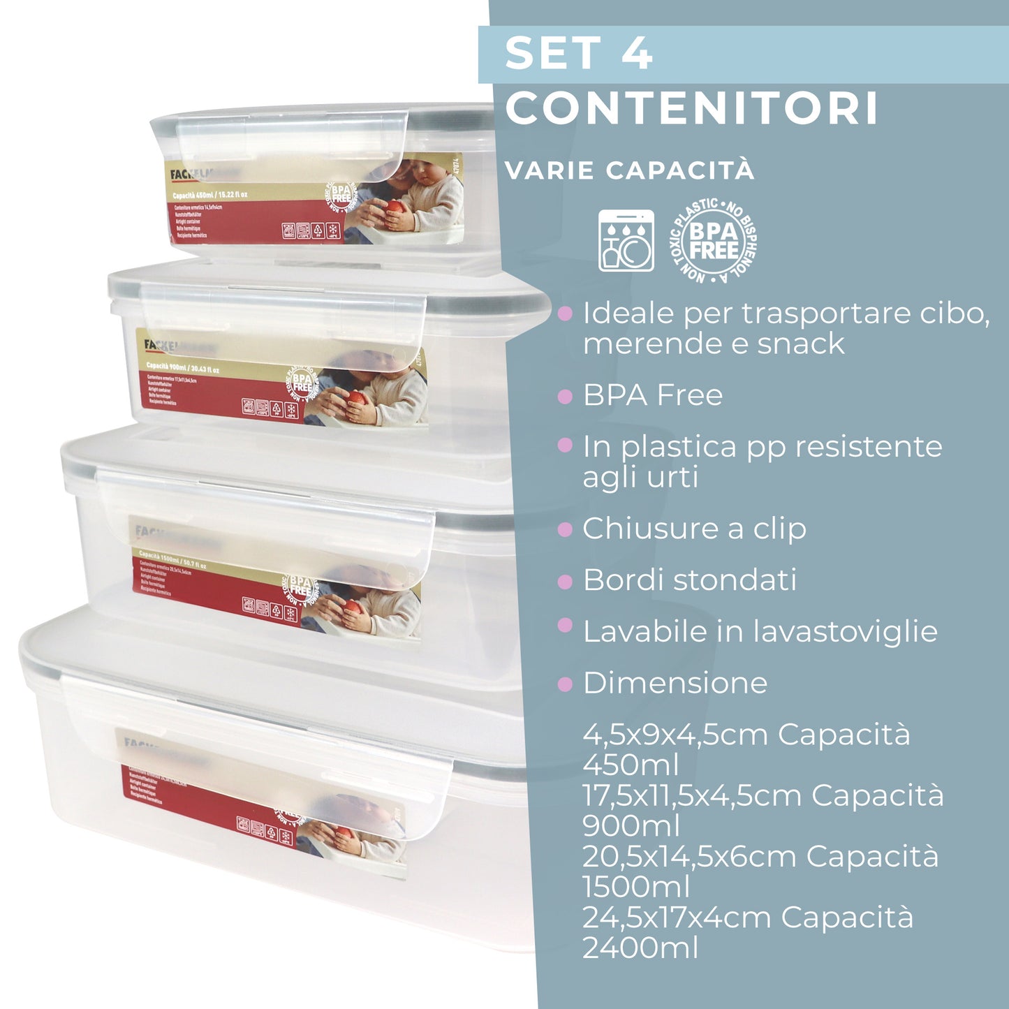 Set di 4 Contenitori ermetici rettangolari, dimensioni varie
