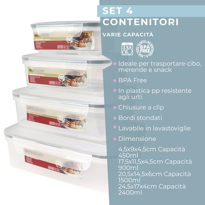 Set di 4 Contenitori ermetici rettangolari, dimensioni varie