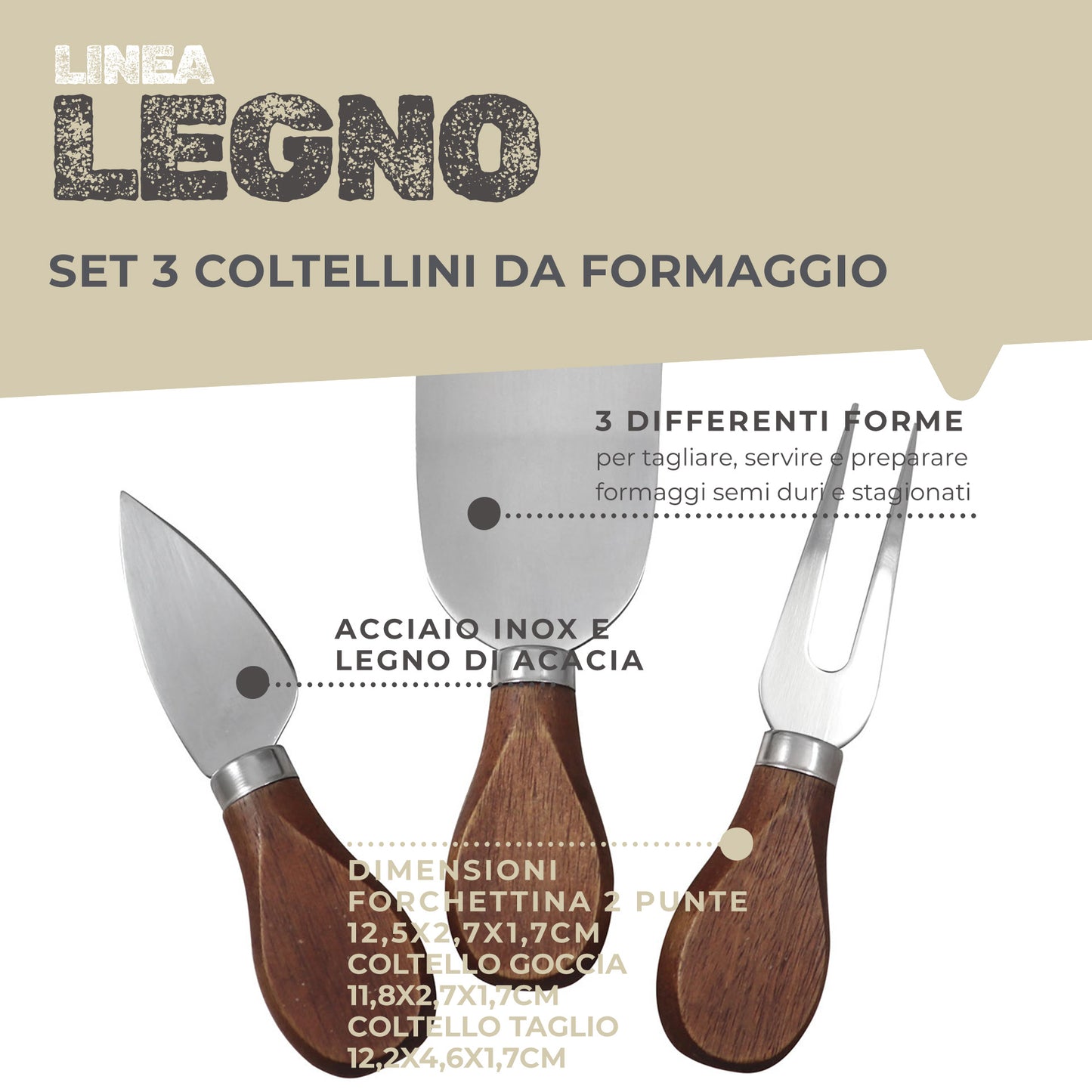 Set coltelli per formaggio 3 pz con manico in acacia, linea Sybaris