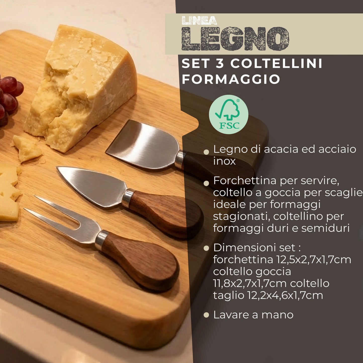 Set coltelli per formaggio 3 pz con manico in acacia, linea Sybaris