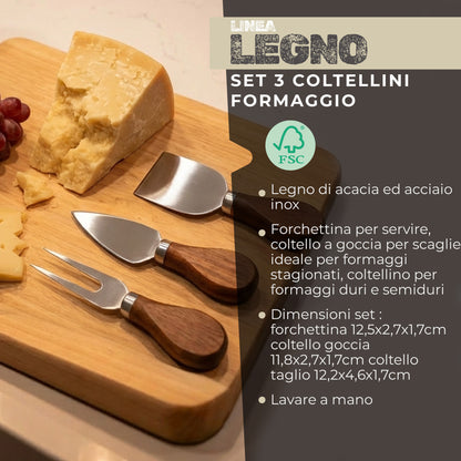 Set coltelli per formaggio 3 pz con manico in acacia, linea Sybaris