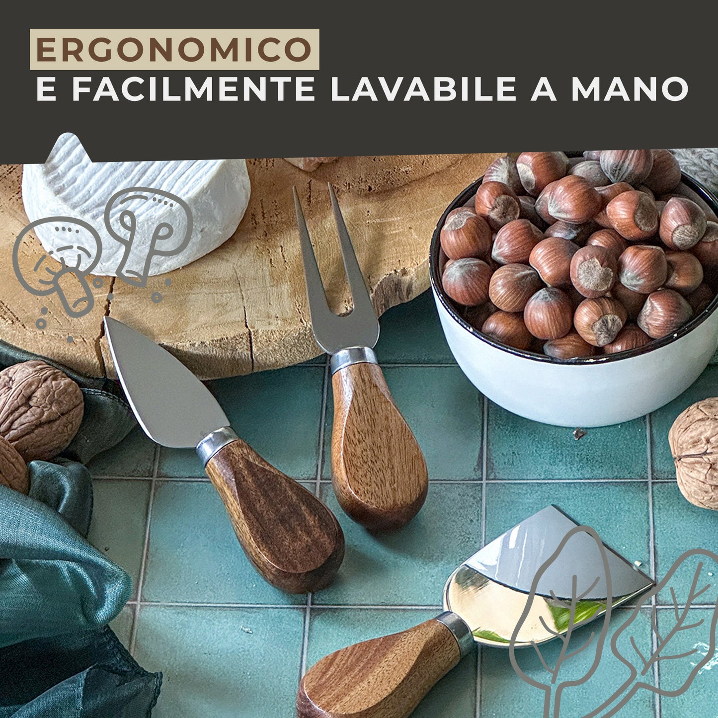 Set coltelli per formaggio 3 pz con manico in acacia, linea Sybaris