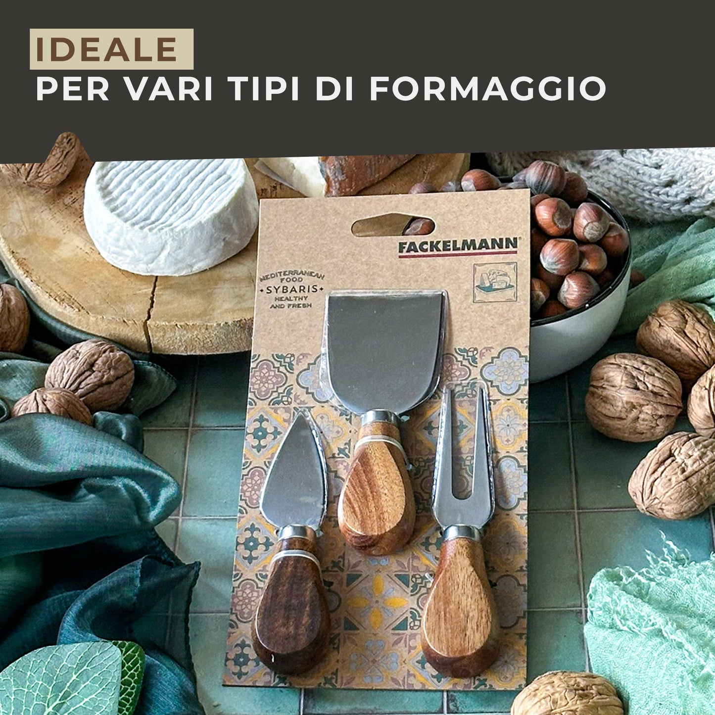 Set coltelli per formaggio 3 pz con manico in acacia, linea Sybaris