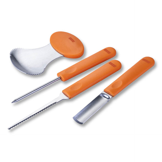 Set 4 Strumenti Professionali per Intagliare Zucca Halloween, Coltello Seghettato, Punteruolo, Sgorbia e Cucchiaio Scavino, Zenker