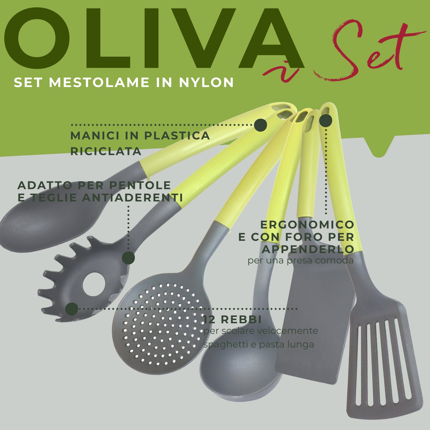 Set di Utensili da cucina, 6 pezzi, Linea Oliva