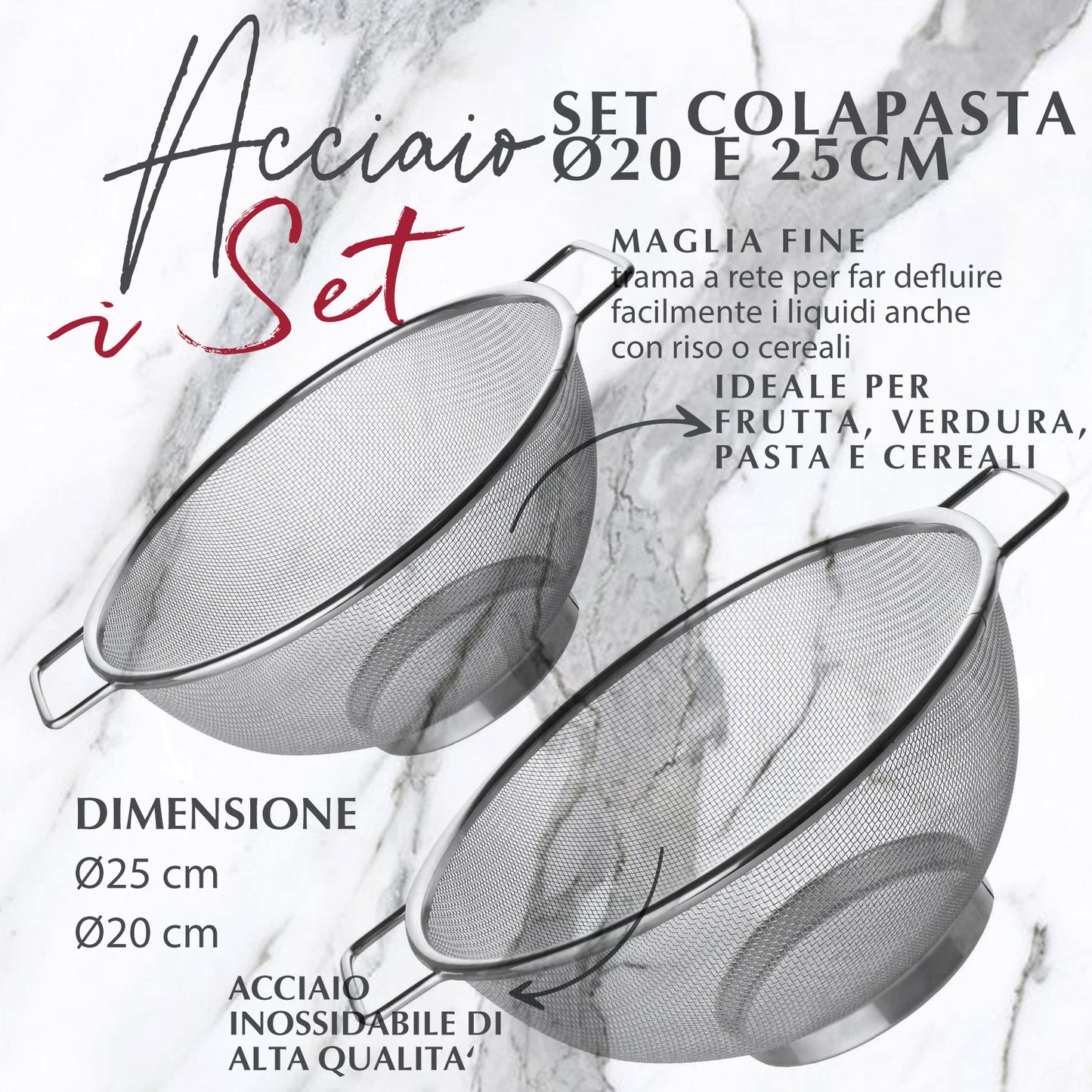 Set Scolapasta, in acciaio inox, 20 e 26 cm