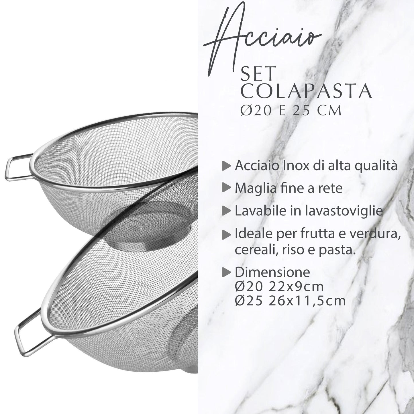 Set Scolapasta, in acciaio inox, 20 e 26 cm