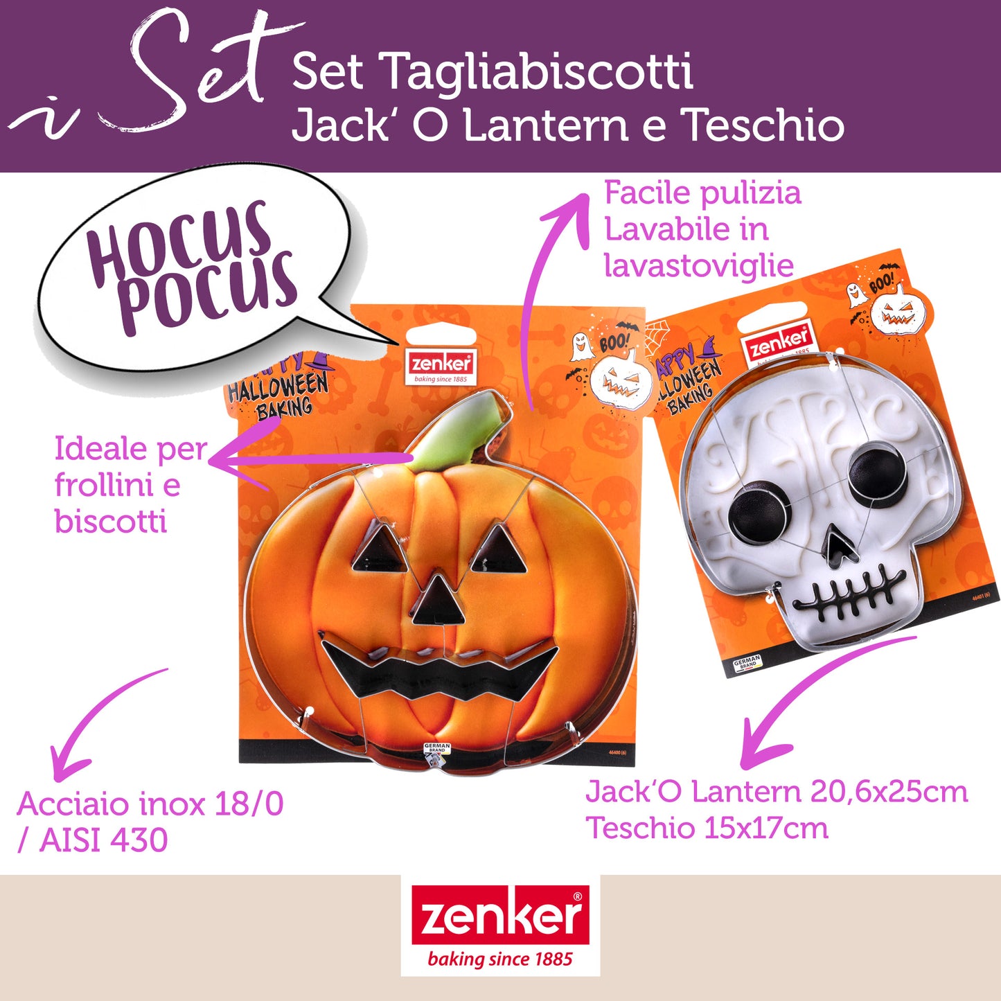 Set 2 Formine Tagliabiscotti Halloween, Tagliabiscotti a Zucca e Teschio in Acciaio Inossidabile, Zenker