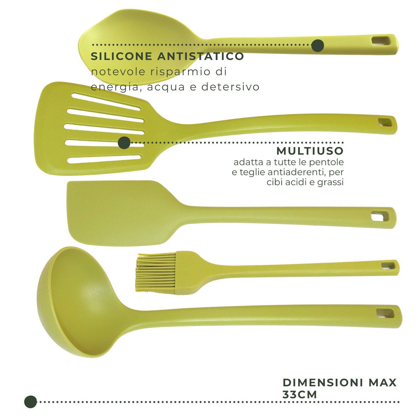 Set di Utensili in silicone, 5 pezzi, Linea Oliva