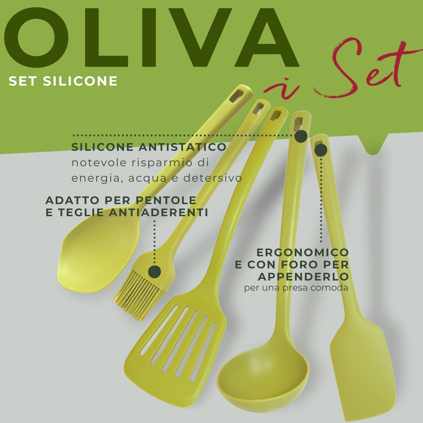 Set di Utensili in silicone, 5 pezzi, Linea Oliva