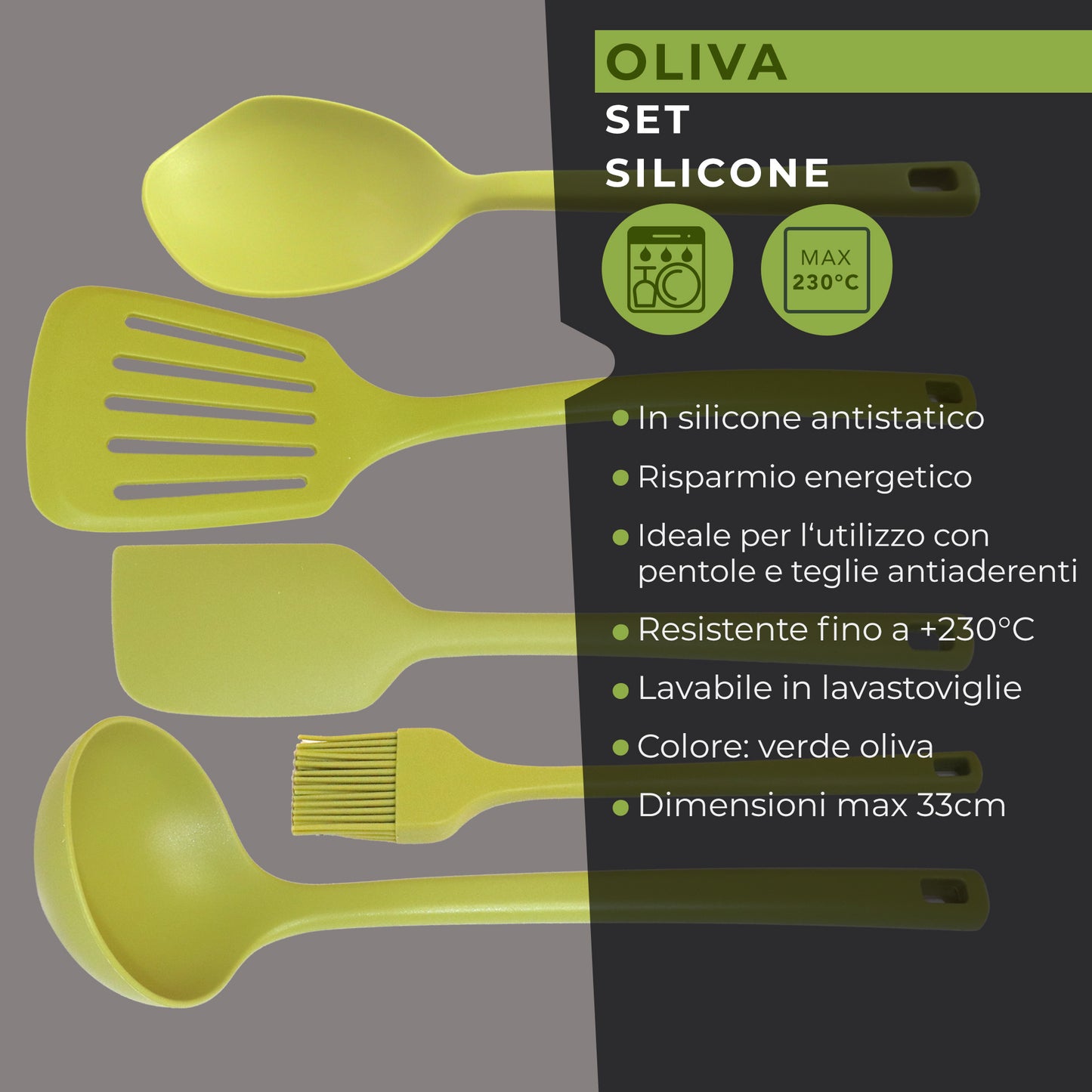 Set di Utensili in silicone, 5 pezzi, Linea Oliva