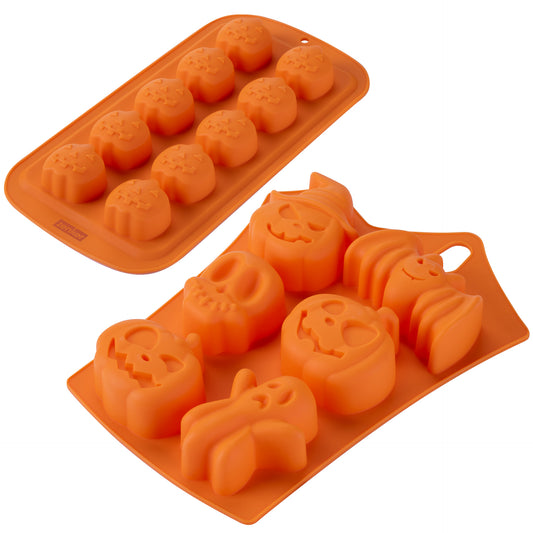 Set 2 Stampi in Silicone Halloween, Stampo 6 Impronte per Mini Torte e Stampo 10 Impronte Mini Zucche, Zenker
