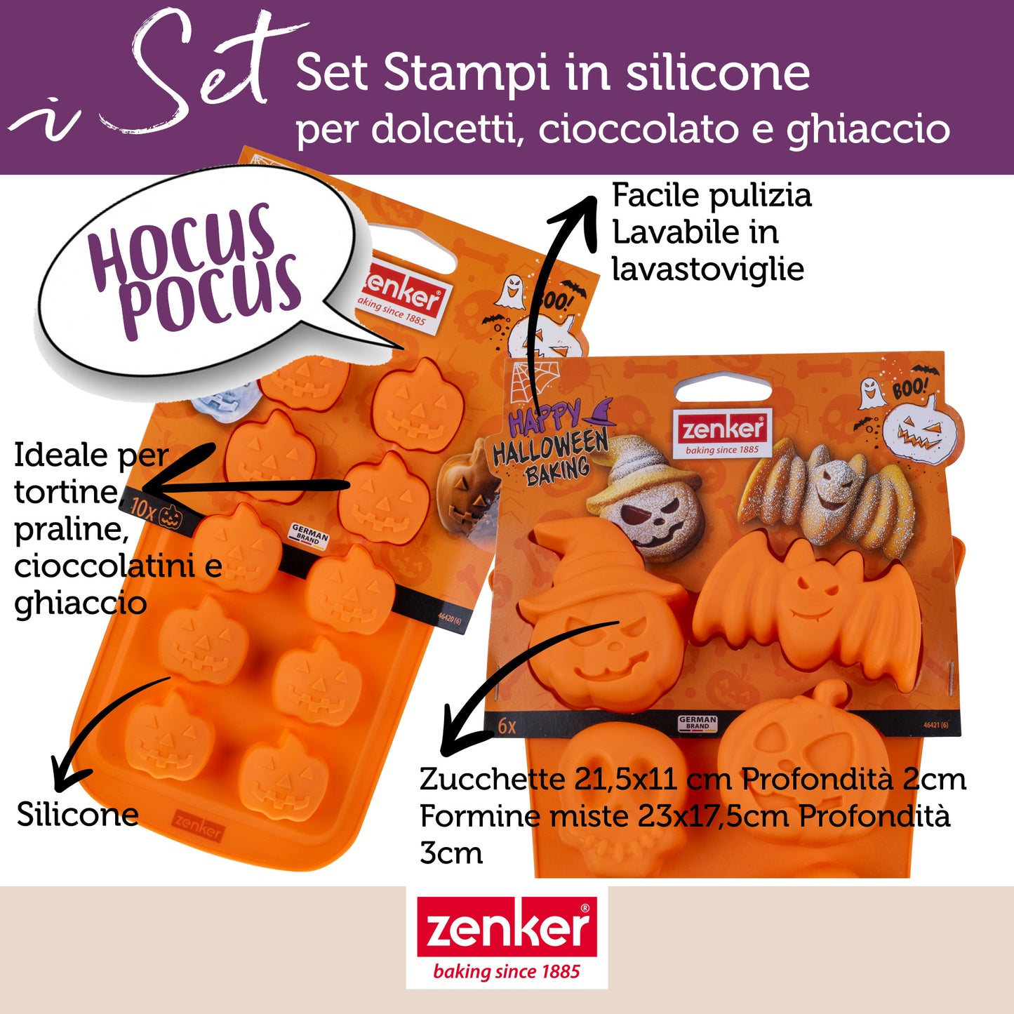 Set 2 Stampi in Silicone Halloween, Stampo 6 Impronte per Mini Torte e Stampo 10 Impronte Mini Zucche, Zenker