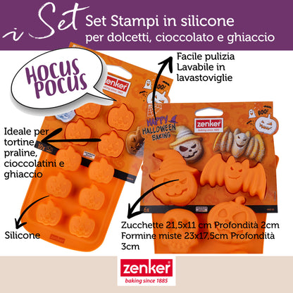 Set 2 Stampi in Silicone Halloween, Stampo 6 Impronte per Mini Torte e Stampo 10 Impronte Mini Zucche, Zenker