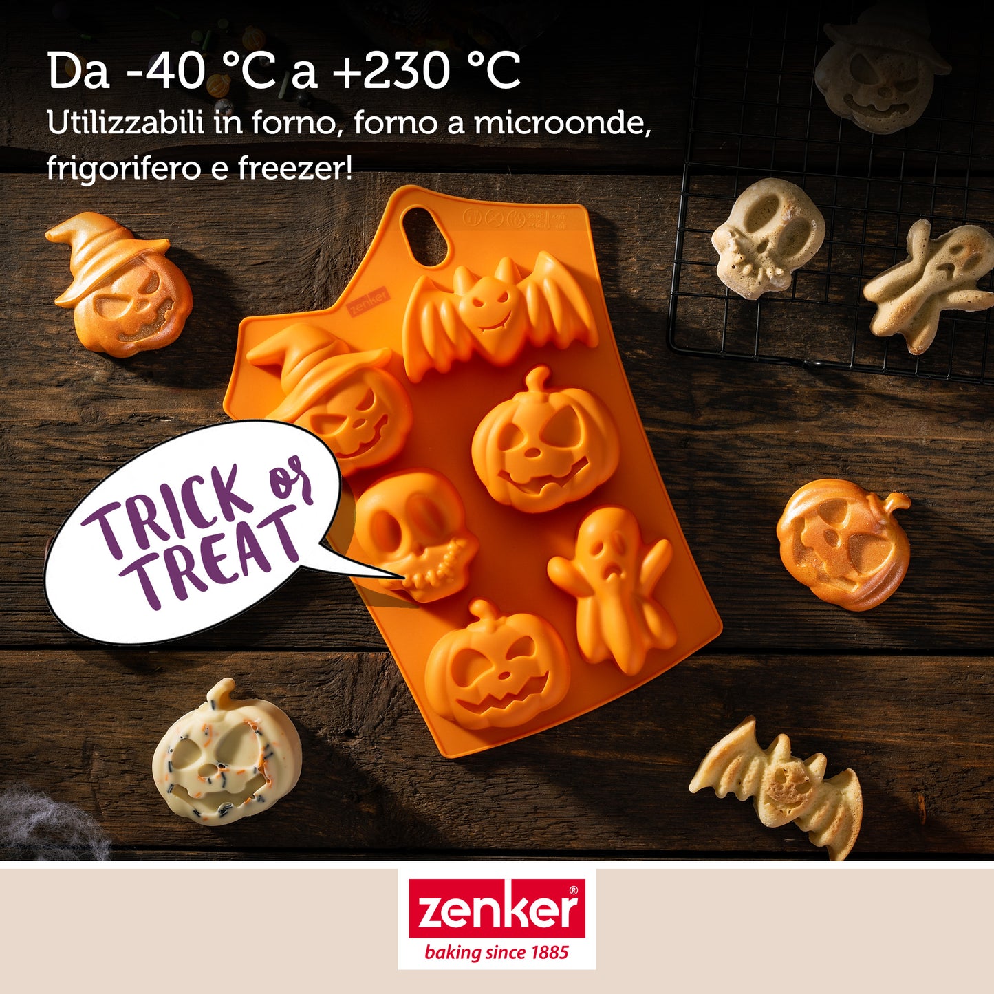 Set 2 Stampi in Silicone Halloween, Stampo 6 Impronte per Mini Torte e Stampo 10 Impronte Mini Zucche, Zenker
