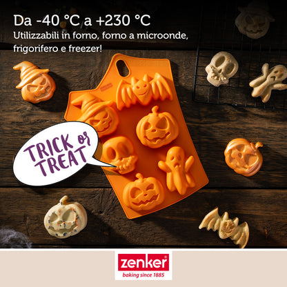 Set 2 Stampi in Silicone Halloween, Stampo 6 Impronte per Mini Torte e Stampo 10 Impronte Mini Zucche, Zenker