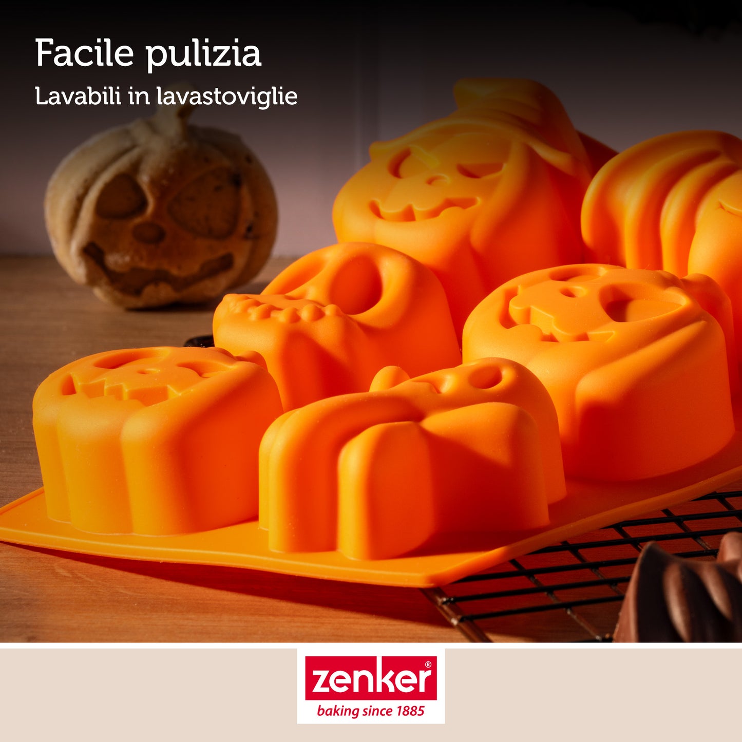 Set 2 Stampi in Silicone Halloween, Stampo 6 Impronte per Mini Torte e Stampo 10 Impronte Mini Zucche, Zenker