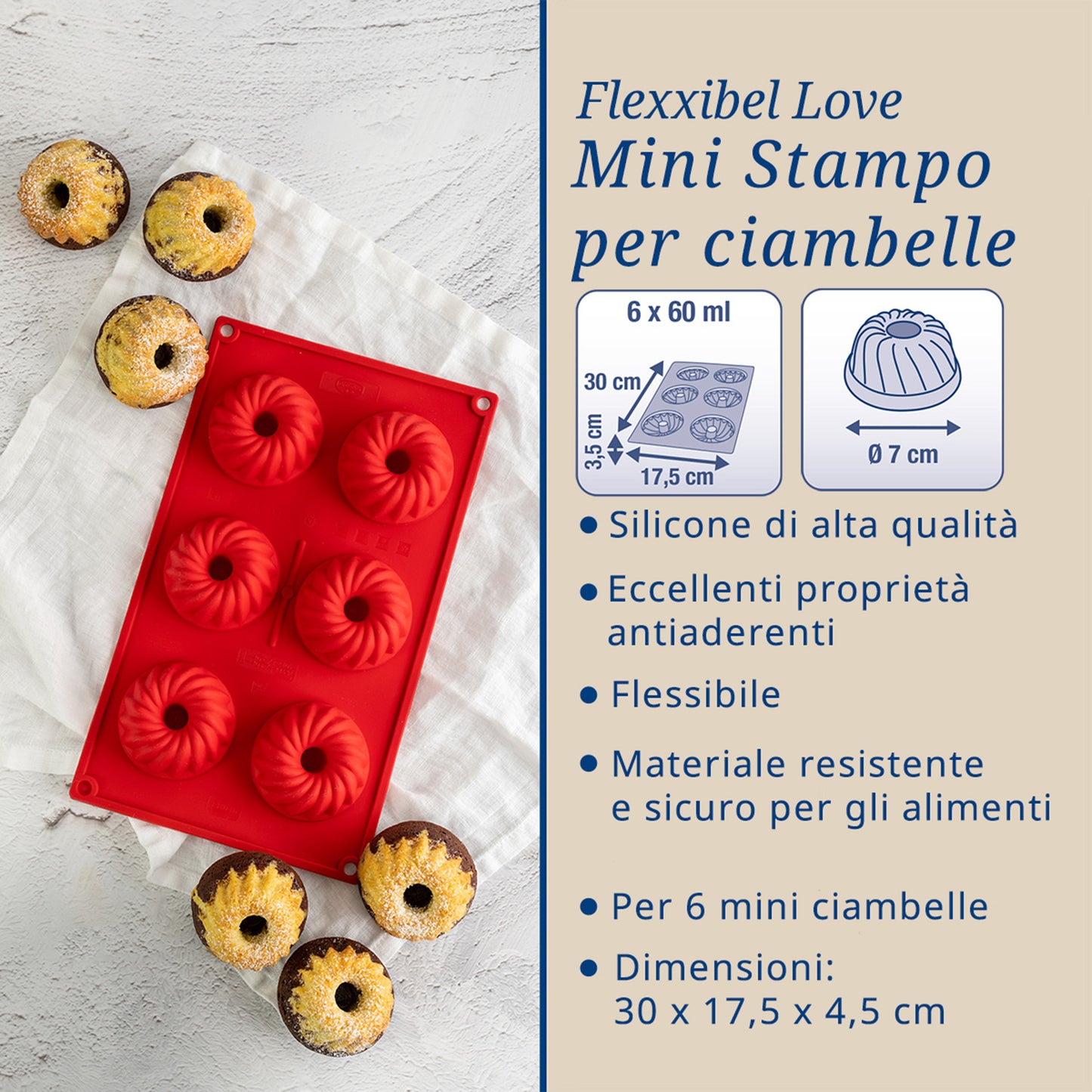 Stampo ciambelle budino 6 impronte in silicone Ø5cm, Linea Flexxibel