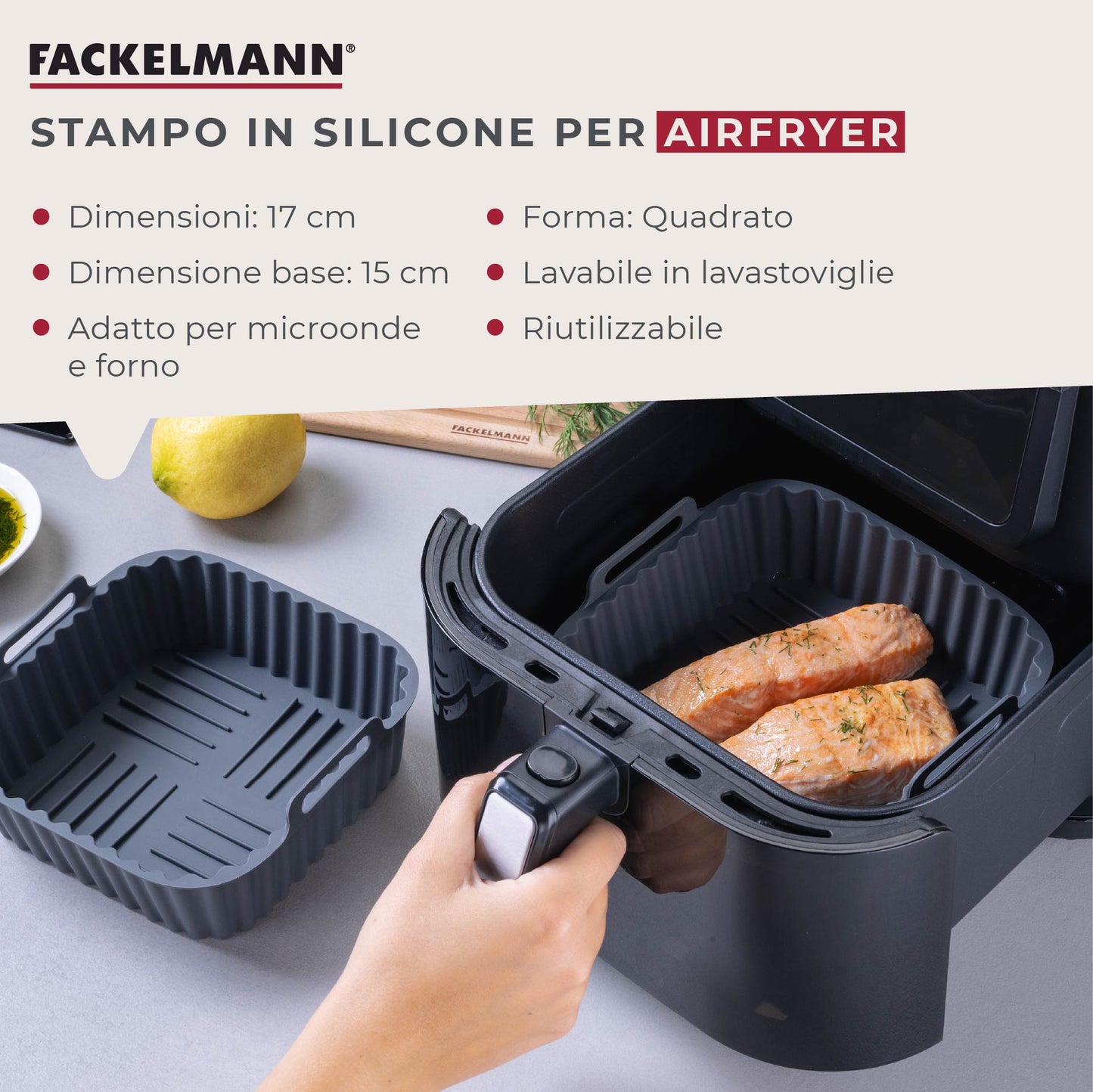 Stampo per Friggitrice ad Aria Quadrato in Silicone 15 cm, fondo rialzato, Fackelmann